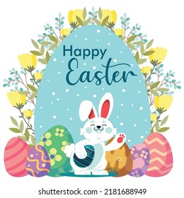 Rutschen Sie die Sonne mit bunten Ostereiern auf der Frühlingswiese mit Blumen und Blättern. Cartoon Frühlingszene für traditionelle Grußkarten. Flaches Design-Illustration in hellen Farben
