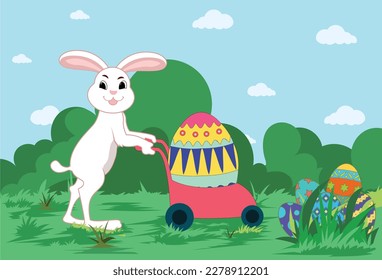 Cute bunny with colorful Easter eggs in spring meadow. Cartoon spring scene for traditional easter greeting cards. Flat design illustration in bright colors