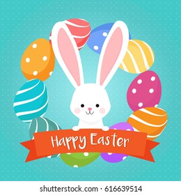 Cute bunny with Colorful easter eggs frame.  Happy Easter vector illustration