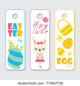 Cute bunny, colorful egg and flowers vector cartoon illustration for Easter label set design, postcard and sticker set