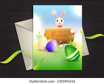 Cute bunny with colorful eggs illustration for Easter celebration template or greeting card design.