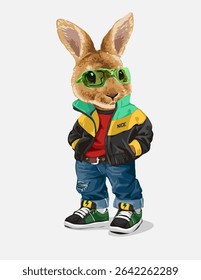 cute bunny in colorful fashion style and green glasses vector illustration