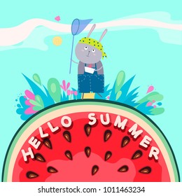 Cute bunny. Colorful summer card.Cute bunny. Colorful summer card.Vector illustration.