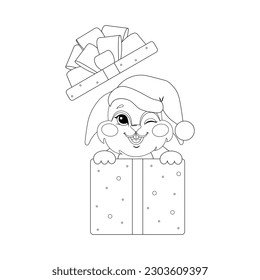 Cute bunny for coloring book. Christmas rabbit with gift box. Black and white coloring page. Isolated vector outline illustration. Children education.