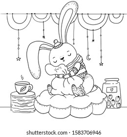 Cute bunny coloring book. Bunny coloring page. Cute rabbit hugging the pillow with cup of tea. Vector animal coloring page. Kids coloring book. Lovely baby bunny