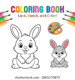 Cute Bunny Coloring Book Page for Kids with Color Matching Activity and Cartoon Rabbit Illustration