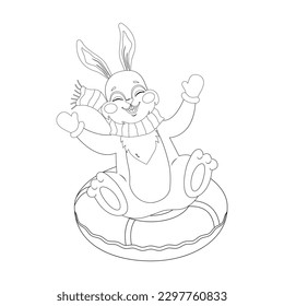 Cute bunny for coloring book. Rabbit slide down on snow tubing. Black and white coloring page. Isolated vector outline illustration. Children education.