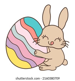 Cute bunny coloring easter egg. Cute little illustration of rabbit for kids, baby book, fairy tales, covers, baby shower invitation, textile t-shirt. Vector illustration of a cute animal.