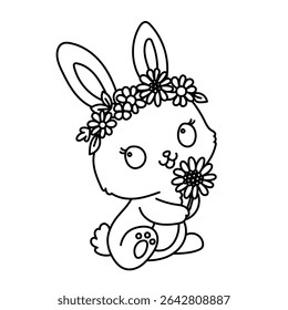 Cute bunny coloring page with flower crown and holding daisy – kawaii rabbit line art for kids activities, spring crafts and coloring fun