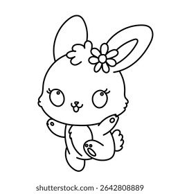 Cute bunny coloring page with flower on ear, happy jumping pose and big eyes – kawaii rabbit line art for kids activities and crafts