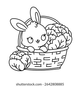 Cute bunny coloring page in vegetable basket with lettuce heads – kawaii rabbit line art for kids activities, farm fun and spring coloring