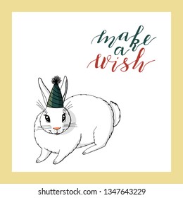 cute bunny in cone birthday hat. hand lettering make a wish. holiday greeting card template. isolated on white background. stock vector illustration.
