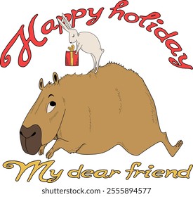 Cute bunny congratulates the capybara on the holiday. Isolated on a white background. There is an inscription.