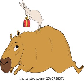 Cute bunny congratulates the capybara on the holiday. Isolated on a white background. There is an inscription.