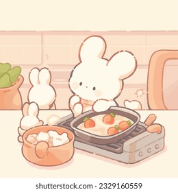 Cute bunny cooking strawberries vector