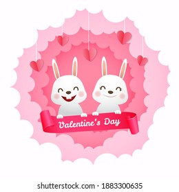 Cute bunny couple character in love. Papercut style Valentine greeting card. Realistic vector.