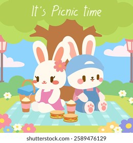 Cute Bunny Couple Enjoying a Picnic Under a Tree. A delightful kawaii style illustration featuring two adorable bunnies enjoying a picnic under a big tree.