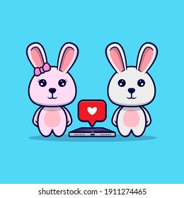 Cute bunny couple get love in phone design icon illustration