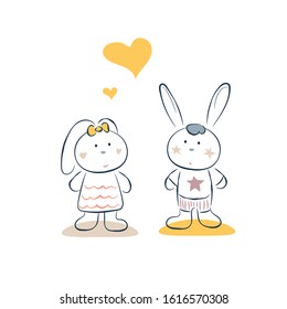 Cute bunny couple romantic date vector illustration card template.