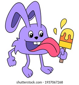 cute bunny creature is enjoying licking ice cream lick, vector illustration art. doodle icon image kawaii.