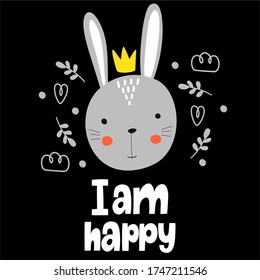 Cute Bunny in a crown on a black background, lettering I'm happy and cute doodles around, perfect interior decor for children or postcards