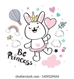 Cute bunny with a crown and a pink ball and the inscription be princess on a white background