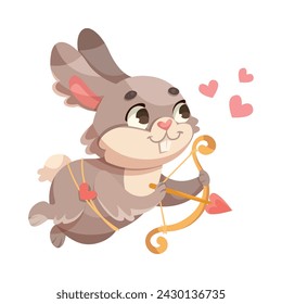 Cute Bunny Cub Fly with Heart Bow and Arrow for Valentine Day Vector Illustration