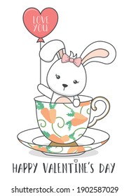 cute bunny in a cup holding balloon valentines day