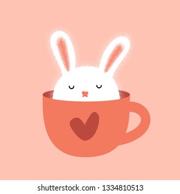 Cute bunny in cup. Rabbit humor illustration. Cup of coffee. Good morning. Hand drawn vector character. Animal flat clipart. Cartoon for kids game, book, t-shirt, cards, print, textile, poster