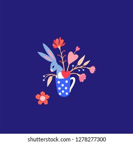 Cute bunny in a cup. Rabbit in a mug with flowers and hearts. Hare with a bouquet of flowers. Greeting card. Great for Easter and Valentine's Day.