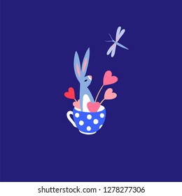 Cute bunny in a cup. Rabbit in a mug with hearts. Hare in a tea cup and dragonfly. Greeting card. Great for Easter and Valentine's Day. Festive illustration.