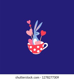 Cute bunny in a cup. Rabbit in a mug with hearts. Greeting card. Great for Easter and Valentine's Day. Festive illustration.