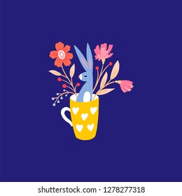 Cute bunny in a cup. Rabbit in a mug with flowers and hearts. Hare with a bouquet of flowers. Greeting card. Great for Easter and Valentine's Day. Festive illustration.