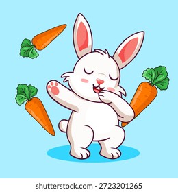 Bonito coelho pincelando com cenouras flutuantes Vetor ilustração Design de desenhos animados