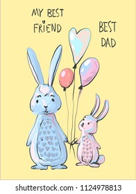 Cute bunny dad and little bunny son illustration, father day or frendship day cartoon style print, funny rabbits holding balloons
