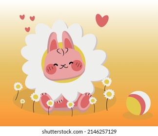 Hermoso conejito con margarita, sentado en un claro, flores a su alrededor. Postal e ilustración infantil. 