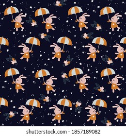 Cute bunny dancing with umbrella seamless pattern. Flat vector hand drawn cartoon