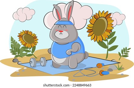 Cute bunny decided to go in for sports and brought all the sports equipment