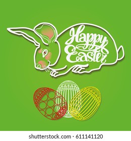 Cute bunny decorated with lettering over green background. Happy easter design elements. Hand drawn vector illustration