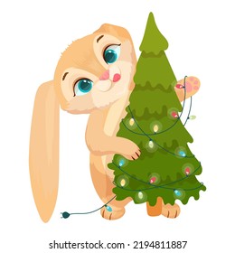 Cute Bunny decorates the Christmas tree. Winter Break. Cheerful rabbit. Vector illustration on a white background.