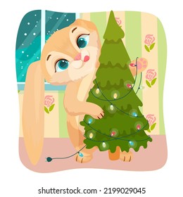 Cute Bunny decorates the Christmas tree. Winter Break. Cheerful rabbit. Vector illustration on a white background.