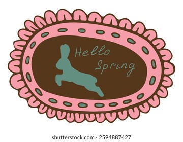 Cute bunny in decorative frame and happy easter inscription. Traditional easter bunny. Easter. Holiday decor. Design element for your easter card. Vector illustration