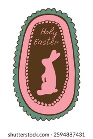 Cute bunny in decorative frame and happy easter inscription. Traditional easter bunny. Easter. Holiday decor. Design element for your easter card. Vector illustration