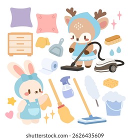 Cute Bunny and Deer House Cleaning Clipart Set. Kawaii Animal Cleaning Time Illustration with Tools and Supplies. Adorable Home Cleaning Elements with Bunny and Deer Characters.