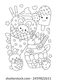 Cute bunny postres helado y fresa cupcake doodle para colorear ilustración de página