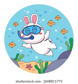Cute bunny diving with fish