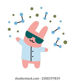 Cute bunny in a doctor's coat with protective laboratory glasses with chemical compounds around. Chemistry lessons at school. Scientific experiment and research. Vector illustration on white, flat