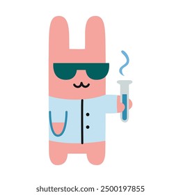 Cute bunny in a doctor's coat with protective laboratory glasses with a test tube in his hand. Chemistry lessons at school. Scientific experiment and research. Vector illustration on white, flat