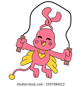 cute bunny is doing jumping rope playing game, vector illustration art. doodle icon image kawaii.