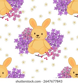 Cute bunny doll and colorful flowers on a bright spring background. Perfect for designing various prints, curtains, bedding, kids bedroom wallpapers, fun holiday cards.